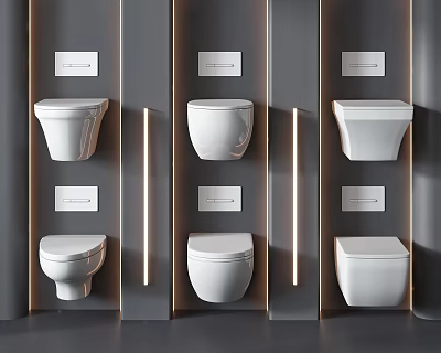 Modern White Wall Mounted Toilets in Grey Bathroom with LED Strip Lighting and Control Panels 3d model