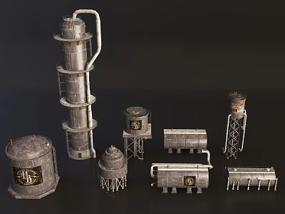 Heavy Duty Industrial Processing Equipment Including Towers Storage Tanks Pipes And Metal Structures 3d model