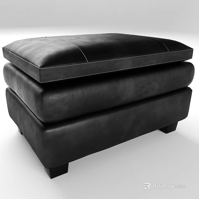 Stylish Black Leather Ottoman With Thick Cushion Stitched Design And Sturdy Legs For Living Room 3d model 