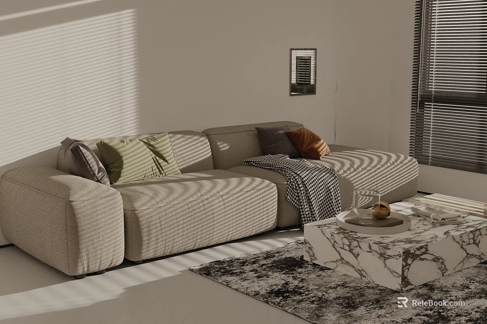 Comfortable Multi Seater Sofa With Throw Pillows Blanket And Marble Coffee Table On Rug 3d model 