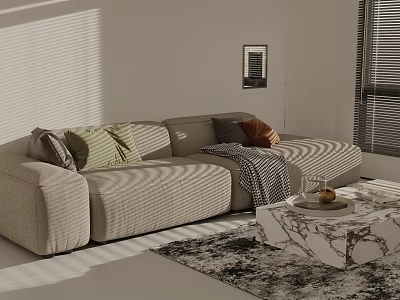 Comfortable Multi Seater Sofa With Throw Pillows Blanket And Marble Coffee Table On Rug 3d model