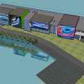 Modern Commercial Complex With Glass Curtain Walls Large Digital Screens And Water Reflections