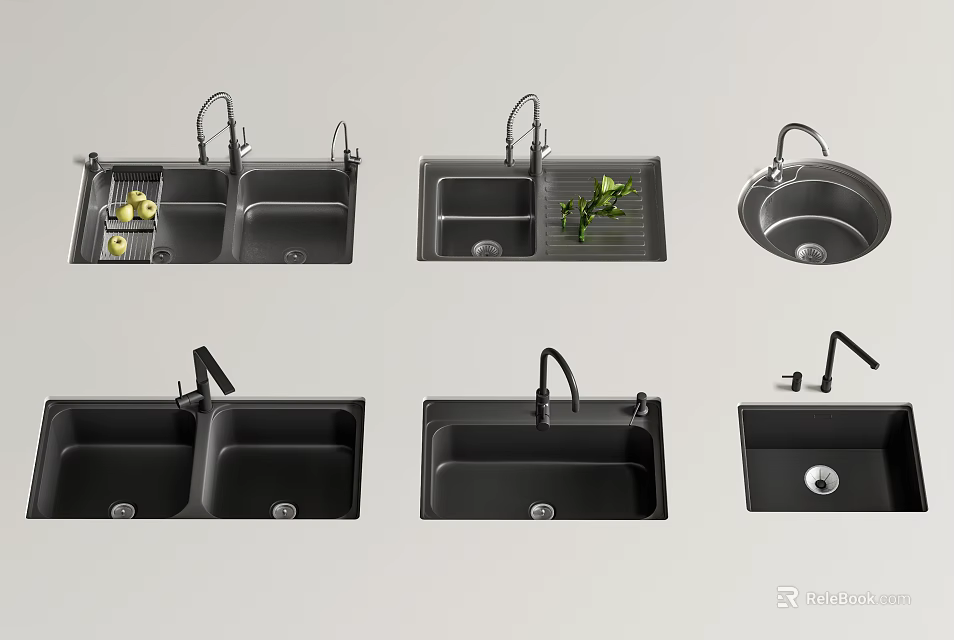 Modern Black Kitchen Sinks With Multiple Styles Faucets And Bowl Designs 3d model 