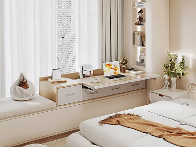 Bay Window Design With Desk Storage And Green Plant In Cozy Bedroom 3d model