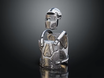 Metallic Armor 3D Model With Helmet Chest Plate Detailed Structured Surface On Reflective Black Background 3d model