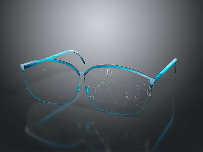 Stylish Blue Glasses Accessory with Broken Lenses and Blue Frame on Black Surface with Reflection 3d model