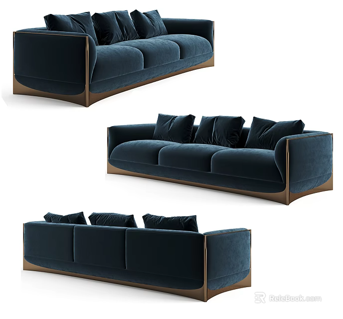 Dark Blue Velvet Three Seater Sofa With Gold Legs And Plush Cushions 3d model 