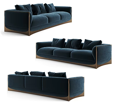 Dark Blue Velvet Three Seater Sofa With Gold Legs And Plush Cushions 3d model