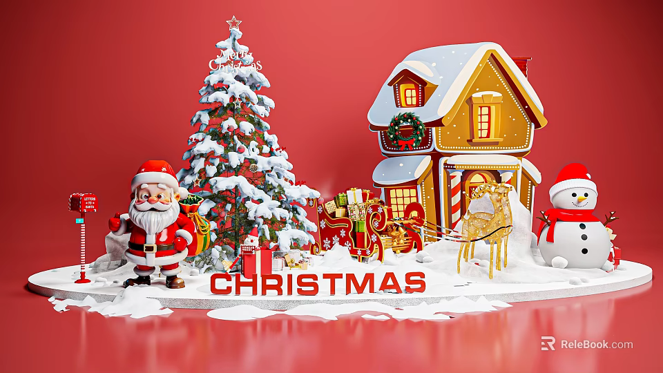 Christmas Photo Spot With Snow Covered Tree Gingerbread House Santa Gifts And Snowman 3d model 