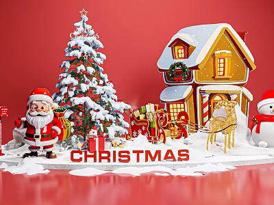 Christmas Photo Spot With Snow Covered Tree Gingerbread House Santa Gifts And Snowman 3d model