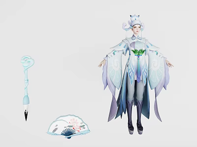 Mythical Female Fairy Character In Blue White Flowing Robe With Butterfly Wings And Fan 3d model