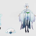 Mythical Female Fairy Character In Blue White Flowing Robe With Butterfly Wings And Fan