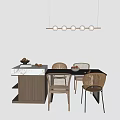 Modern Dining Table Set With Woven Rattan Chairs Marble Top Sideboard And Hanging Pendant Light