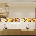 Red And White Themed Restaurant Interior With Tables Chairs Counter Hanging Lights And Menu Boards