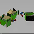 Green And Yellow MAXAM Ammunition Boxes With Various Colored Bullets Scattered Around 3d model