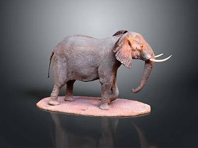 Detailed Gray Elephant Sculpture with Ivory Tusks Standing on Pink Base 3d model