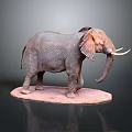 Detailed Gray Elephant Sculpture with Ivory Tusks Standing on Pink Base