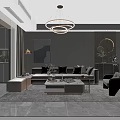 Modern Living Dining Room Interior With Chandelier Large Window Sofa And Decorative Plant
