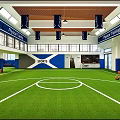 Indoor Physical Training Facility With Green Turf Basketball Hoop And Seating Areas