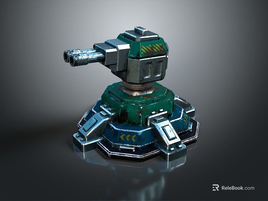 Mechanical Turret With Green Silver Body Yellow Stripes And Cannon Details 3d model 