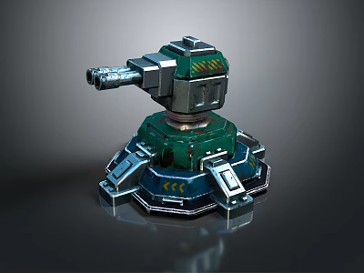 Mechanical Turret With Green Silver Body Yellow Stripes And Cannon Details 3d model