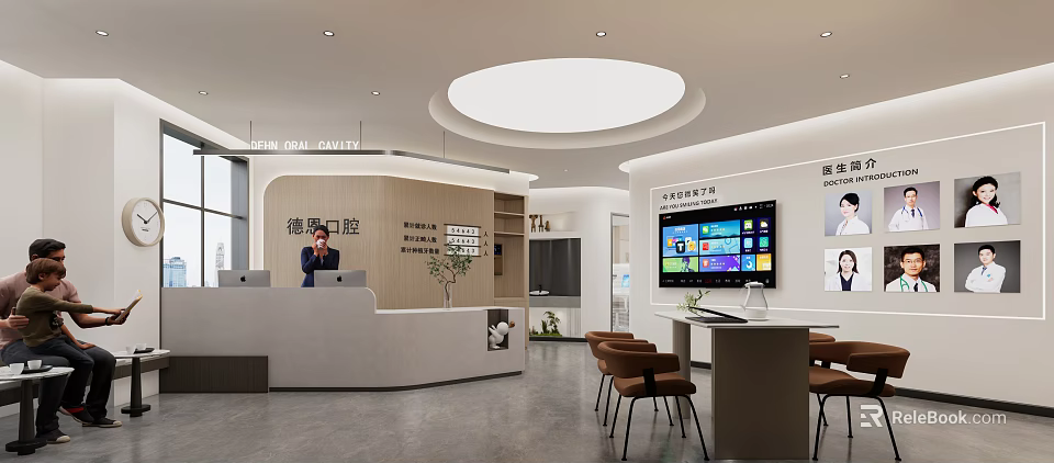 Modern Dental Clinic Reception Area Featuring Reception Desk TV Screen And Tables Chairs 3d model 