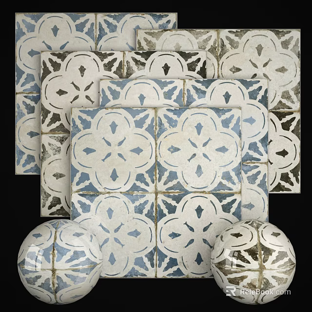 Decorative Blue And White Vintage Floor Tiles With Intricate Pattern Designs 3d model 