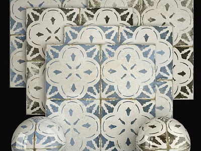 Decorative Blue And White Vintage Floor Tiles With Intricate Pattern Designs 3d model