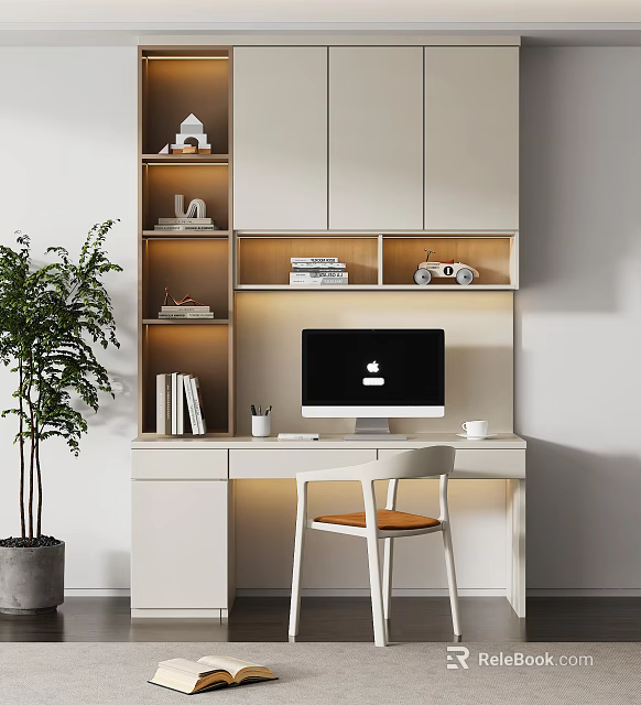 Modern Minimalist Study Desk With Computer Monitor Bookshelf Decorative Car Model And Potted Plant 3d model 