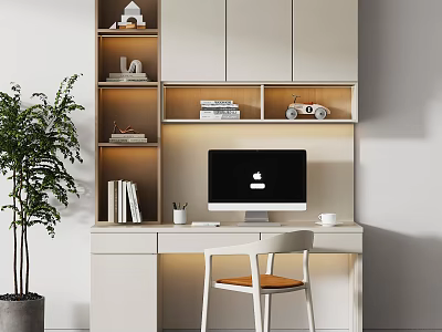 Modern Minimalist Study Desk With Computer Monitor Bookshelf Decorative Car Model And Potted Plant 3d model