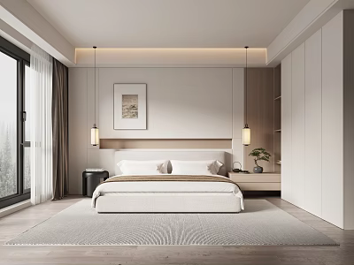 Modern Bedroom Interior With White Bed Headboard Large Window Curtains Pendant Lights And Soft Rug 3d model