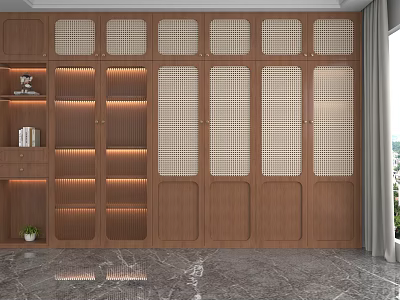 Modern Brown Wooden Display Shelves With Grid Compartments Built in Lighting And Marble Floor 3d model