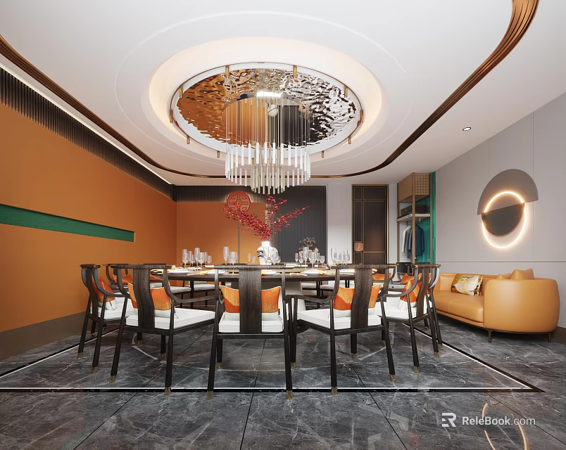Luxurious Private Dining Room With Chandelier And Sofa 3d model