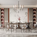 Traditional Chinese Restaurant Interior With Landscape Backdrop Dining Table Chandelier And Display Shelves