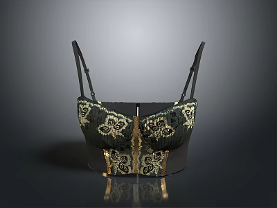 Elegant Black Women's Bra with Gold Floral Lace Patterns and Adjustable Straps 3d model