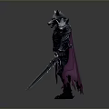 Wolf Headed Warrior in Dark Armor Holding Long Sword with Purple Cape