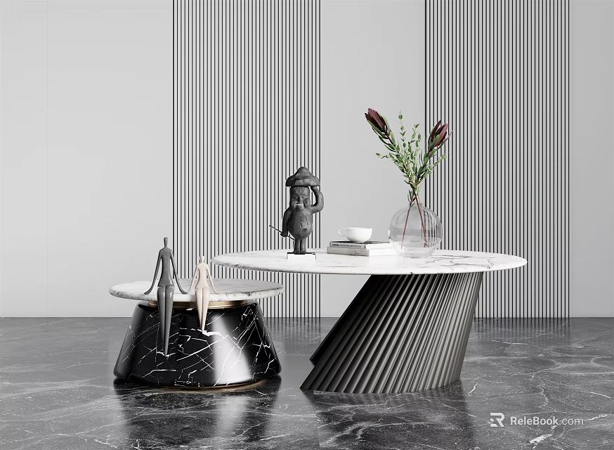 Modern White Marble Coffee Table with Black Base Vase Flowers Figurine Books Vertical Striped Wall 3d model 