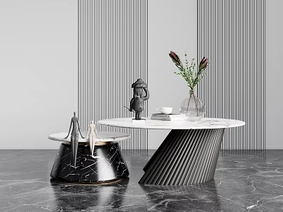 Modern White Marble Coffee Table with Black Base Vase Flowers Figurine Books Vertical Striped Wall 3d model