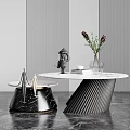 Modern White Marble Coffee Table with Black Base Vase Flowers Figurine Books Vertical Striped Wall