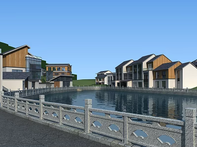 Modern Waterfront Architectural Complex With Stone Railing And Scenic Design 3d model