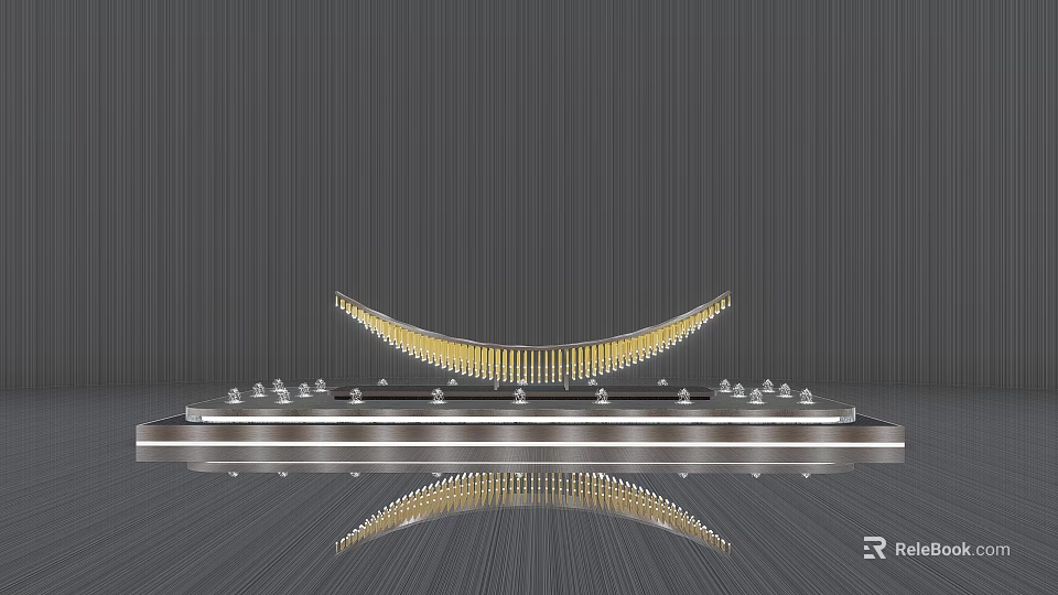 Modern Sculpture With Golden Curved Structure Silver Base Small Circular Decorations And Gray Background 3d model