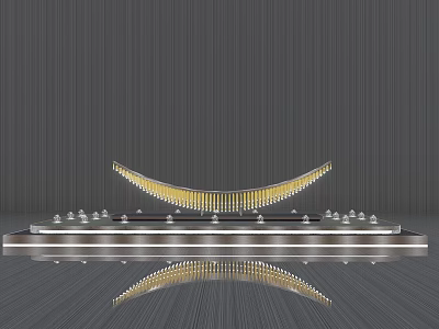 Modern Sculpture With Golden Curved Structure Silver Base Small Circular Decorations And Gray Background 3d model