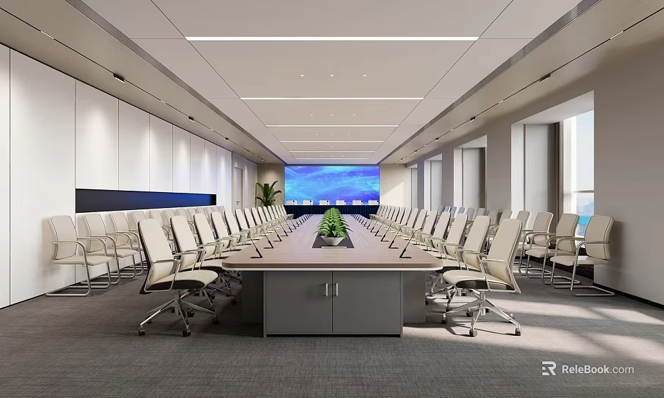 Modern Spacious Conference Room Interior With Long Meeting Table Comfortable Office Chairs And Large Screen 3d model 