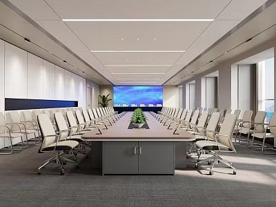 Modern Spacious Conference Room Interior With Long Meeting Table Comfortable Office Chairs And Large Screen 3d model