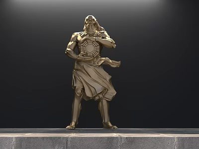 Golden Metallic Landscape Sculpture of Standing Human Figure with Stone Base 3d model