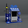 Blue Parking Booth With PARK Sign Striped Awning Digital Screen Street Lamp And Trash Bin