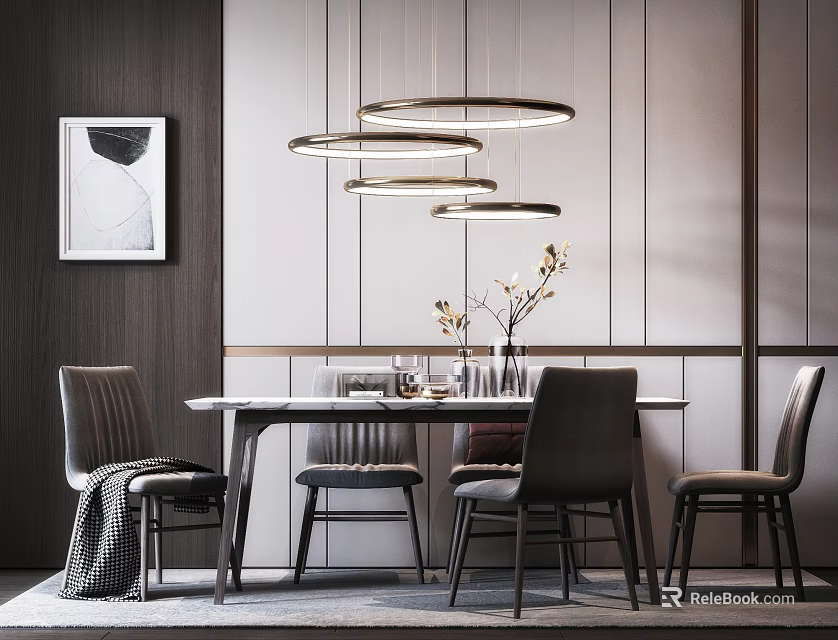 Modern Minimalist Dining Table Set With Chairs Pendant Lights And Wall Art 3d model 