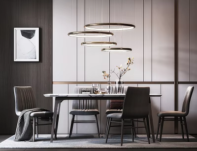 Modern Minimalist Dining Table Set With Chairs Pendant Lights And Wall Art 3d model