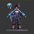 3D Game Character Model With Blue Armor Goggles Holding Device Brown Hair And Hexagonal Base