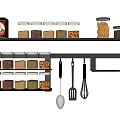 Modern Kitchen Shelves With Ceramic Jars Storing Grains Beans And Hanging Utensils